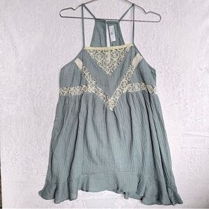 Blue Cream Babydoll Halter Top Lace Inlay Ruffle Hem Gauzy Crepe Fairy Boho Soft